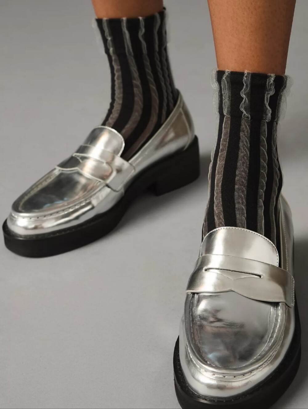 Bibi Lou Jaya Penny Loafers In Silver Mirror Stacked Heel Women's 9 EU39